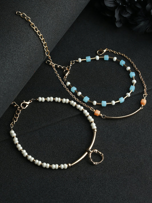 Prita Colorful Artificial Stones Rose Gold Plated Link Bracelet Set of 3