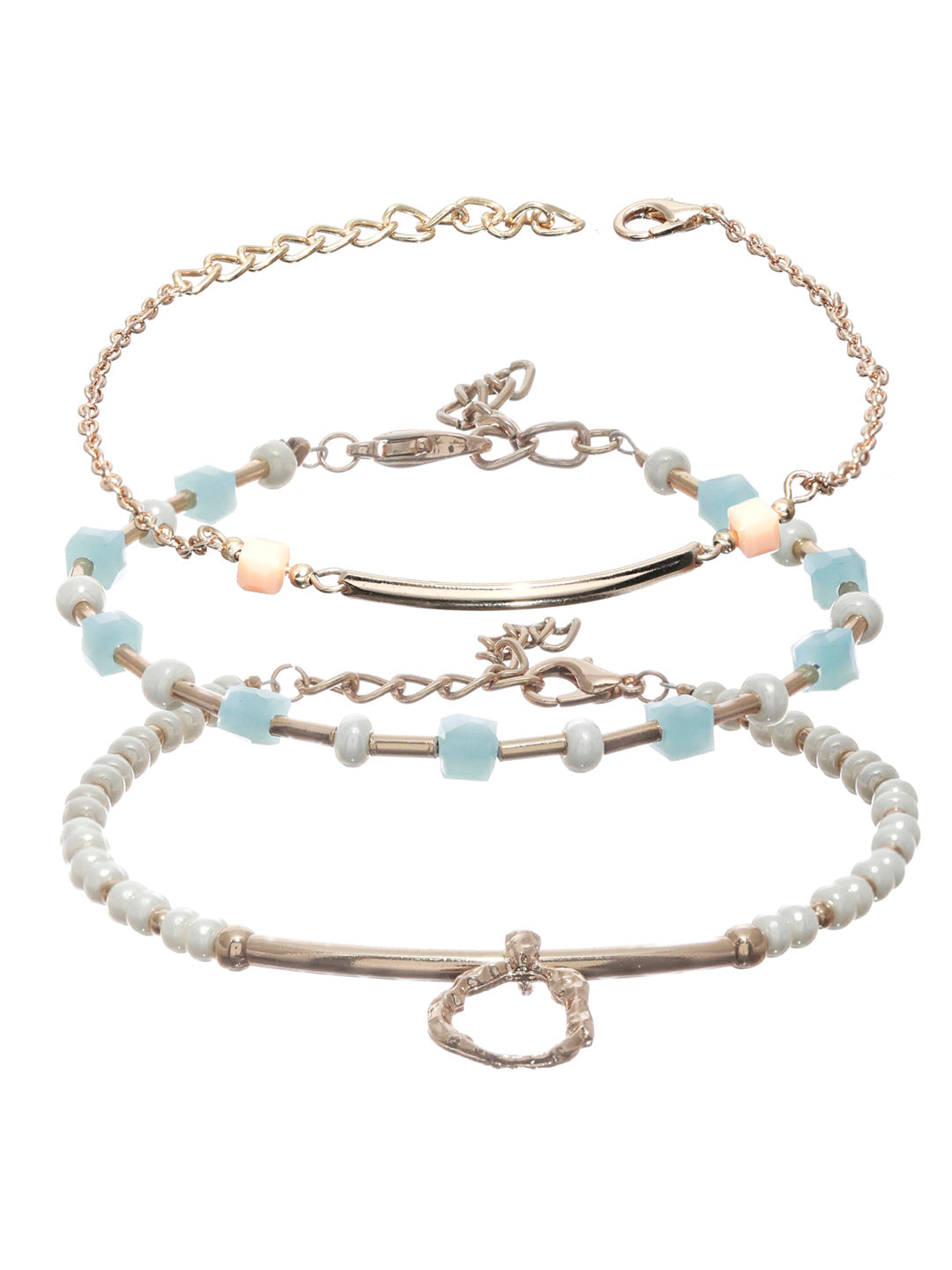 Prita Colorful Artificial Stones Rose Gold Plated Link Bracelet Set of 3