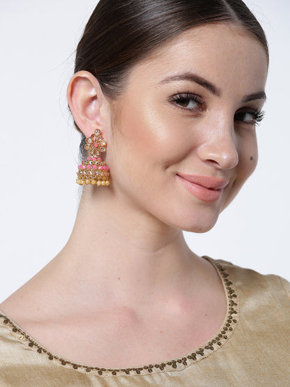 Pink Gold-Plated Stones Studded Floral Patterned Jhumka Earrings in Pink and White Color