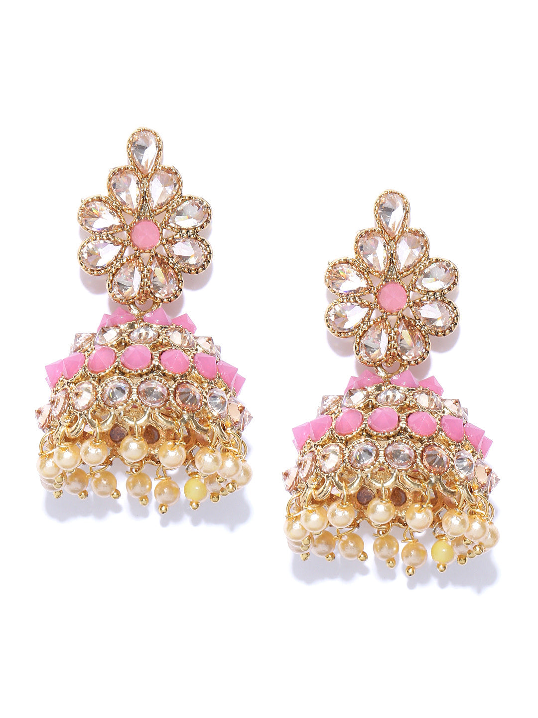 Pink Gold-Plated Stones Studded Floral Patterned Jhumka Earrings in Pink and White Color