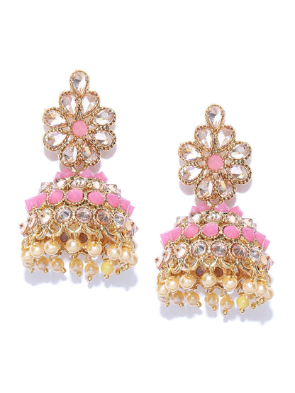 Pink Gold-Plated Stones Studded Floral Patterned Jhumka Earrings in Pink and White Color