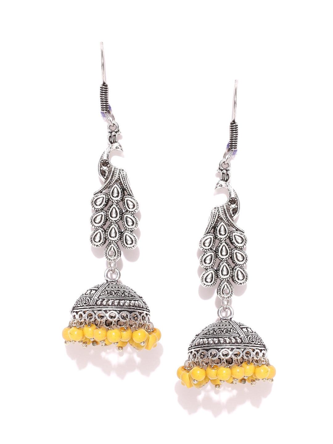 Peacock Inspired German Silver Oxidised Handmade Dangler Jhumki Earrings