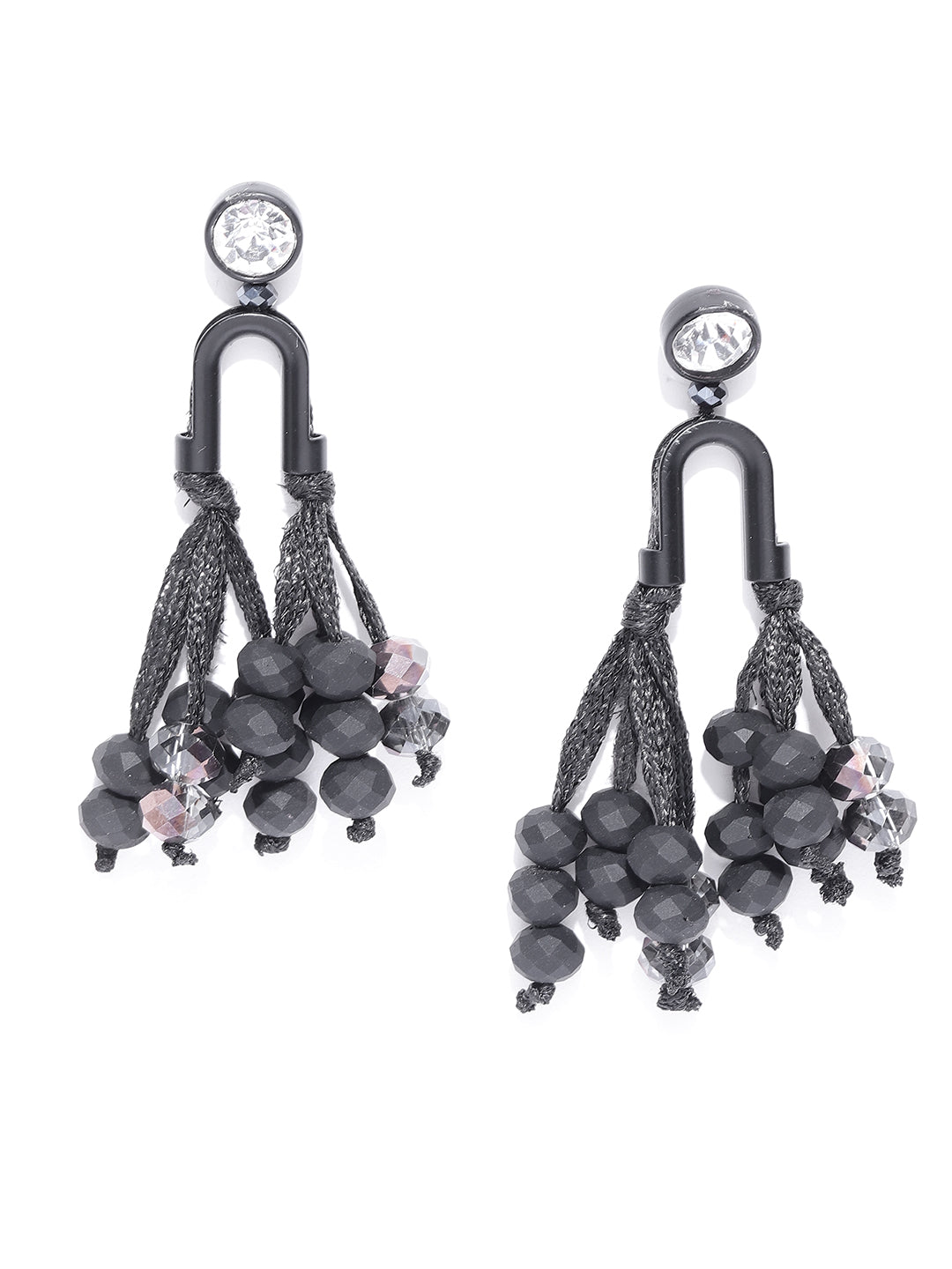 Stones Studded Tasselled Drop Earrings in Black Color
