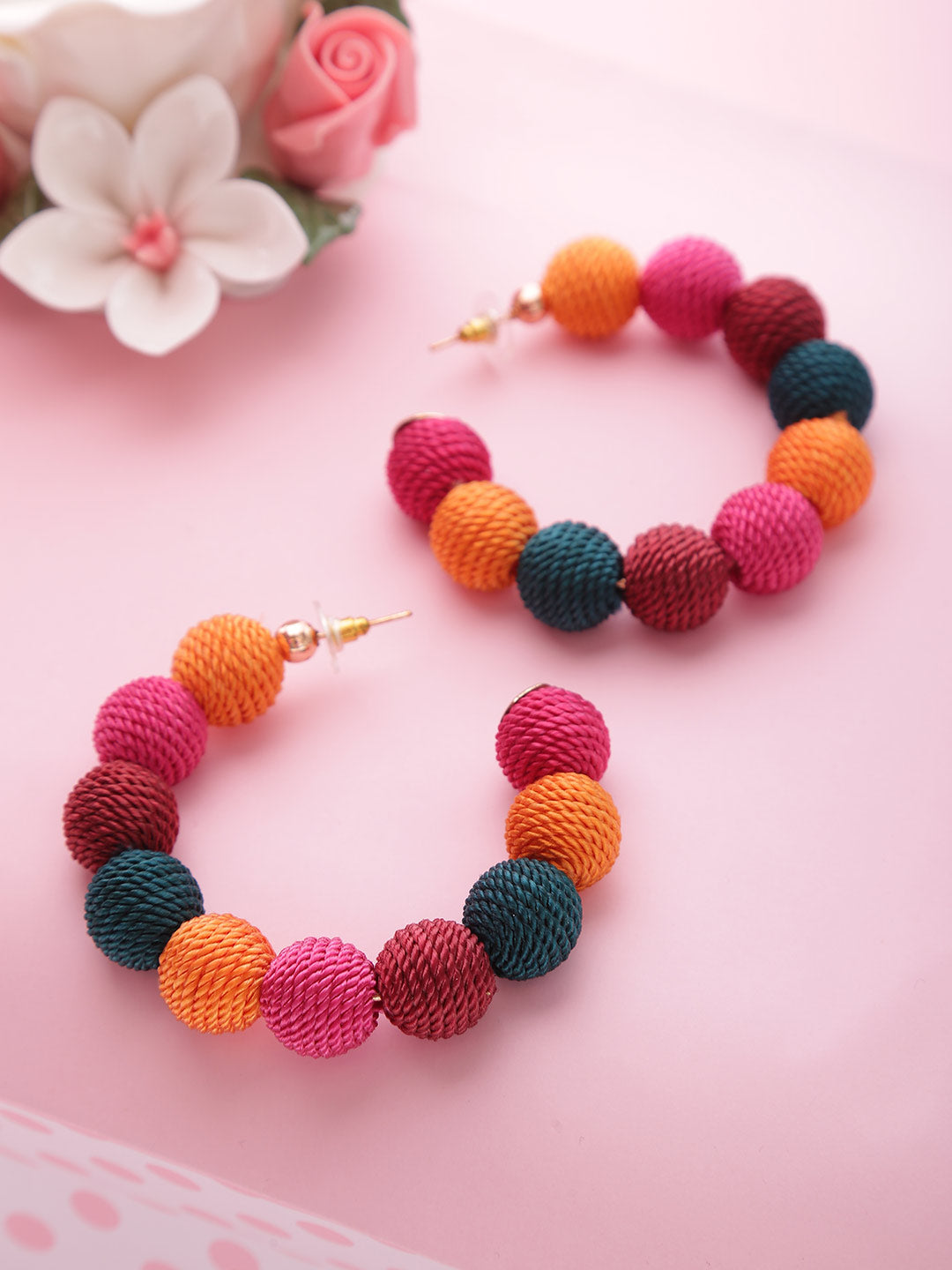 Designer Multicolor Nylon Thread Balls Big Hoop Like Drop Earrings