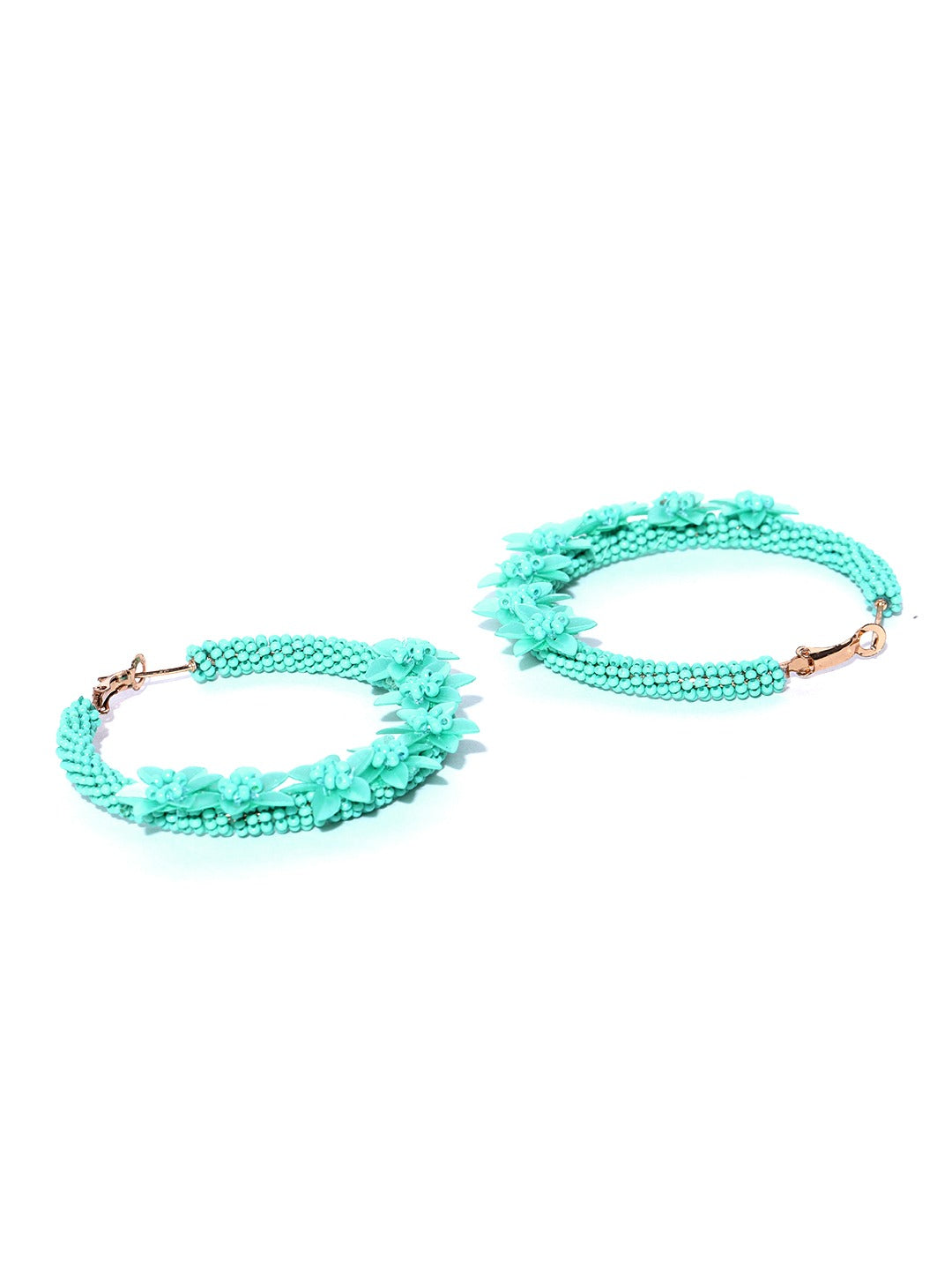 Designer Floral Pattern Beaded Mint Green Hoop Earrings