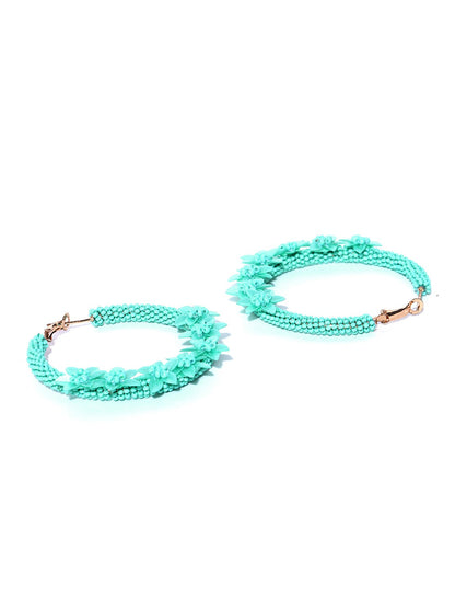 Designer Floral Pattern Beaded Mint Green Hoop Earrings