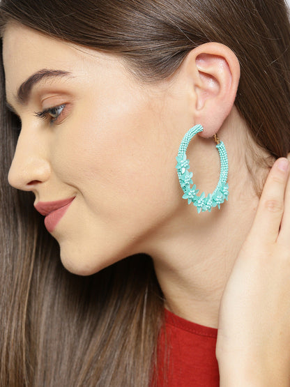 Designer Floral Pattern Beaded Mint Green Hoop Earrings
