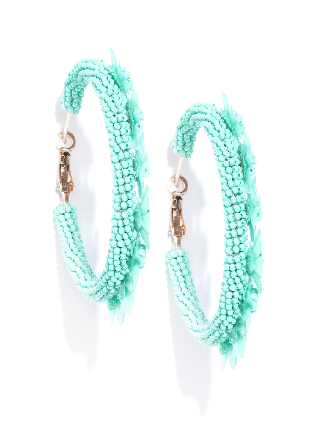 Designer Floral Pattern Beaded Mint Green Hoop Earrings