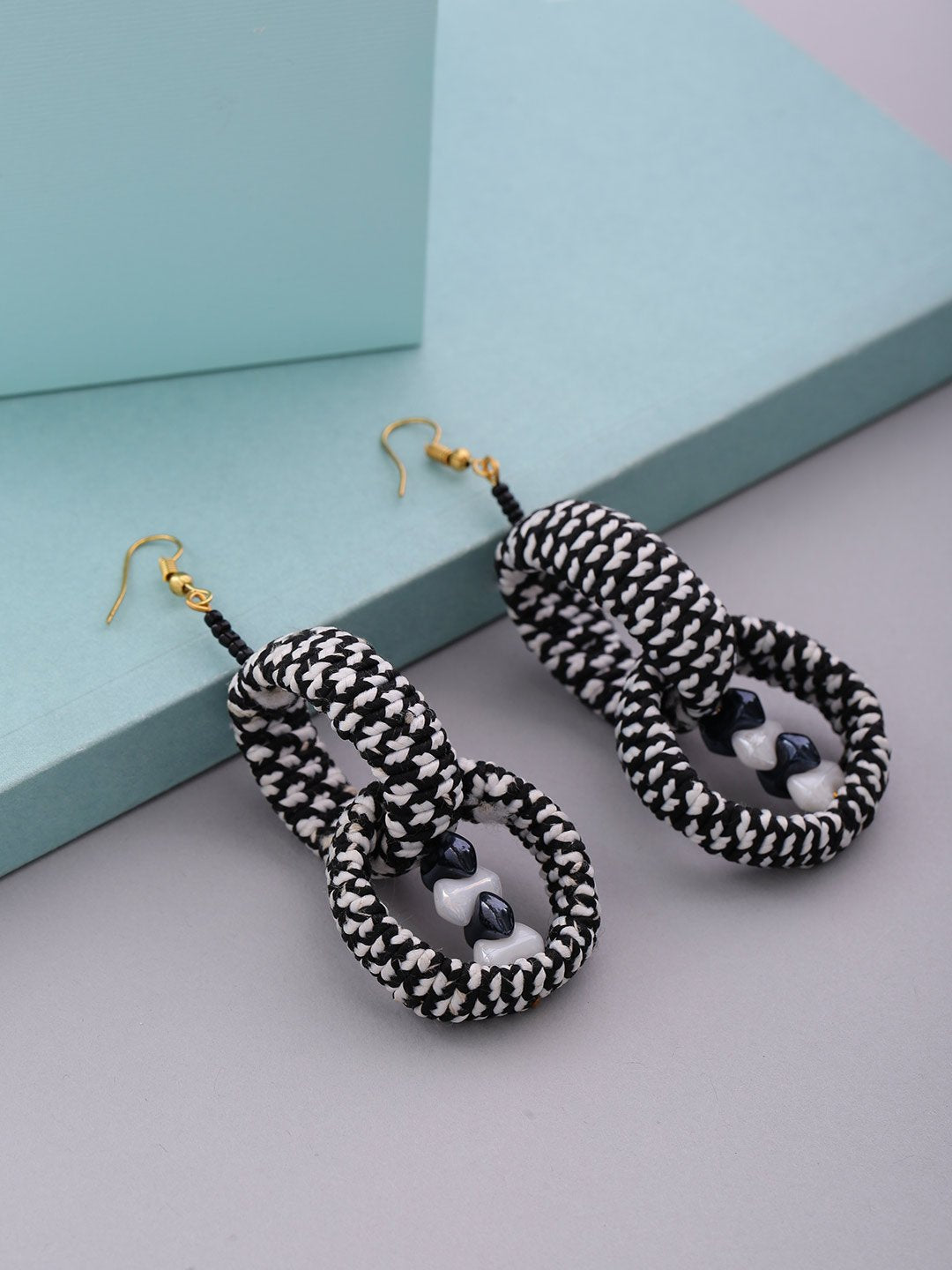 Black And White Inter looped Circular Drop Earrings