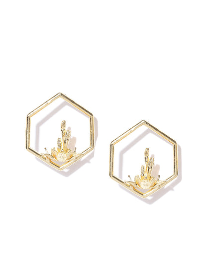 Designer Gold-Toned Hexagon Shaped Floral Handcrafted Drop Earrings