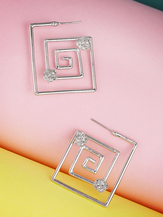 Designer Silver Plated Spiral Squares Rose Pattern Geometric Drop Earrings