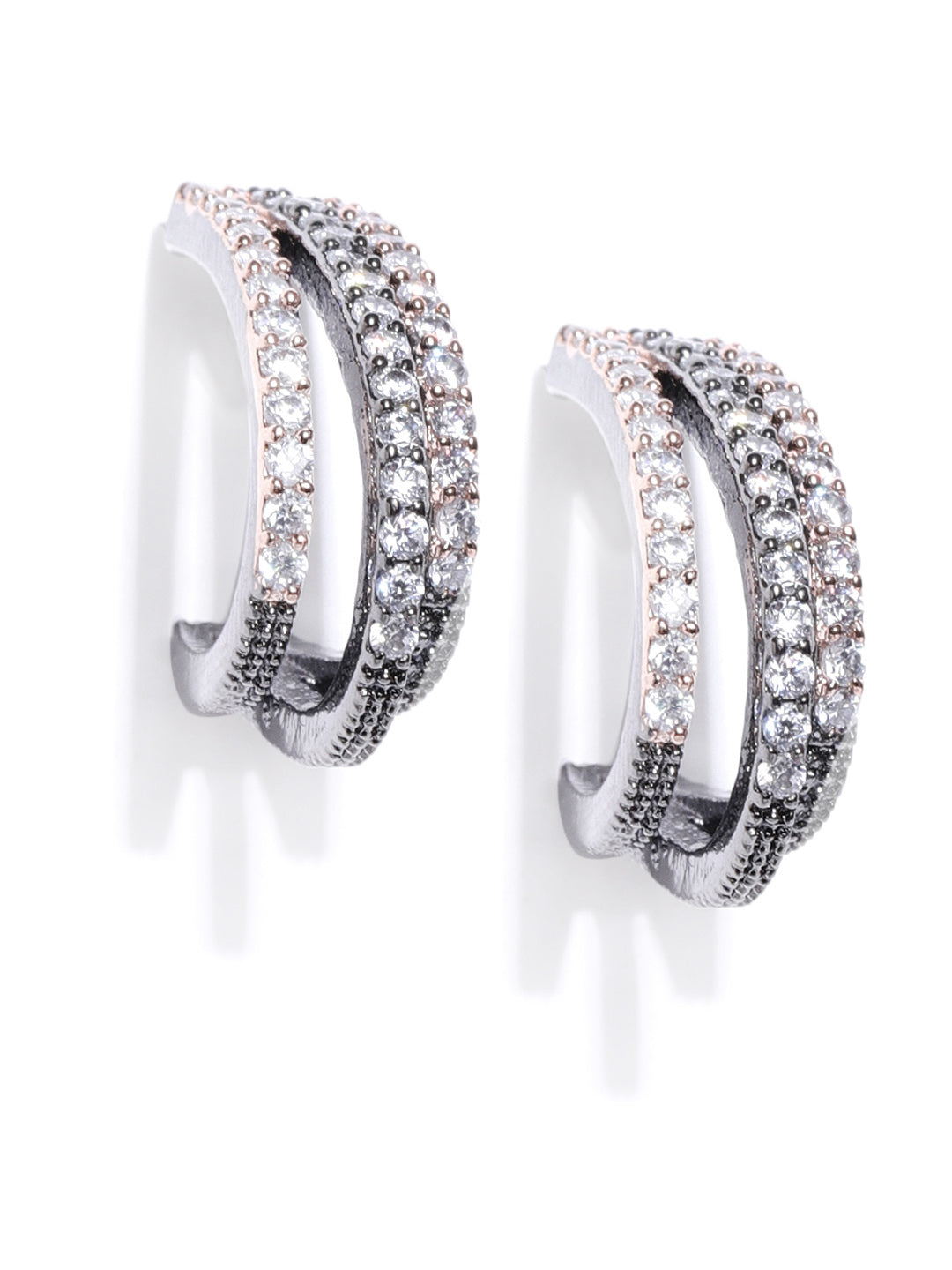 Gunmetal Plated American Diamond Studded Triple Layered Shape Drop Earrings
