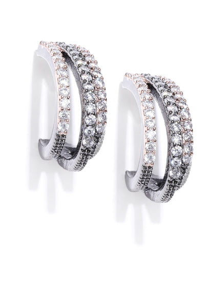 Gunmetal Plated American Diamond Studded Triple Layered Shape Drop Earrings