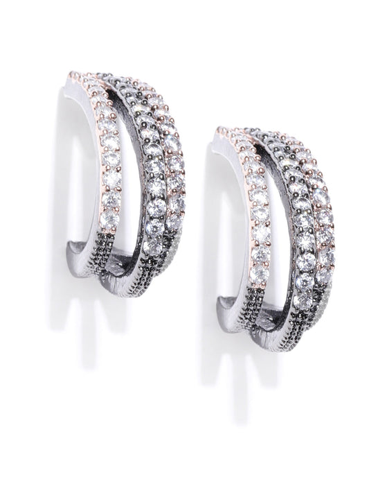 Gunmetal Plated American Diamond Studded Triple Layered Shape Drop Earrings