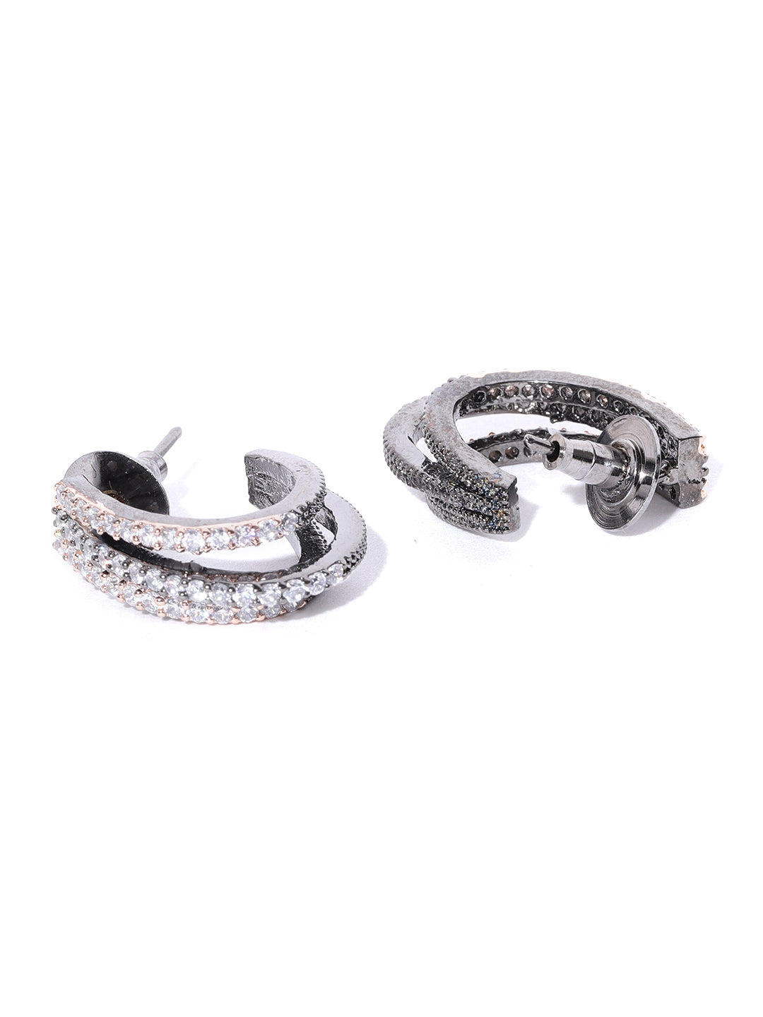 Gunmetal Plated American Diamond Studded Triple Layered Shape Drop Earrings