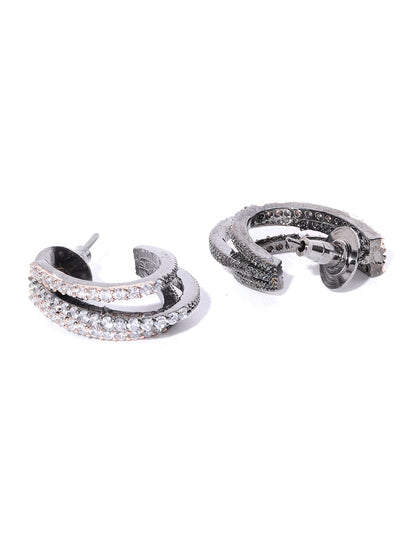 Gunmetal Plated American Diamond Studded Triple Layered Shape Drop Earrings