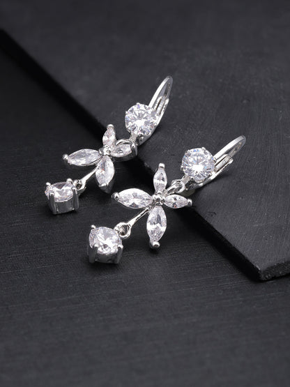 Silver Plated American Diamond Studded Floral Pattern Drop Earrings For Women