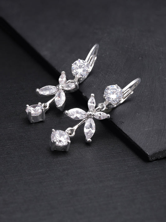 Silver Plated American Diamond Studded Floral Pattern Drop Earrings For Women