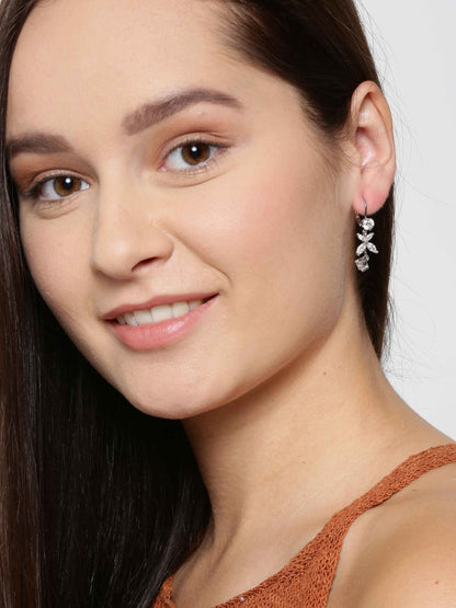 Silver Plated American Diamond Studded Floral Pattern Drop Earrings For Women