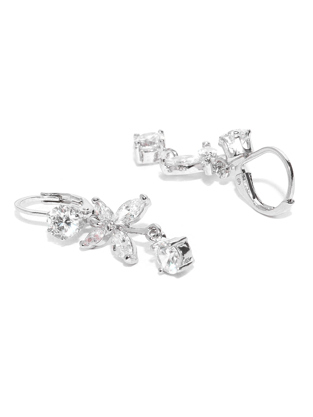 Silver Plated American Diamond Studded Floral Pattern Drop Earrings For Women