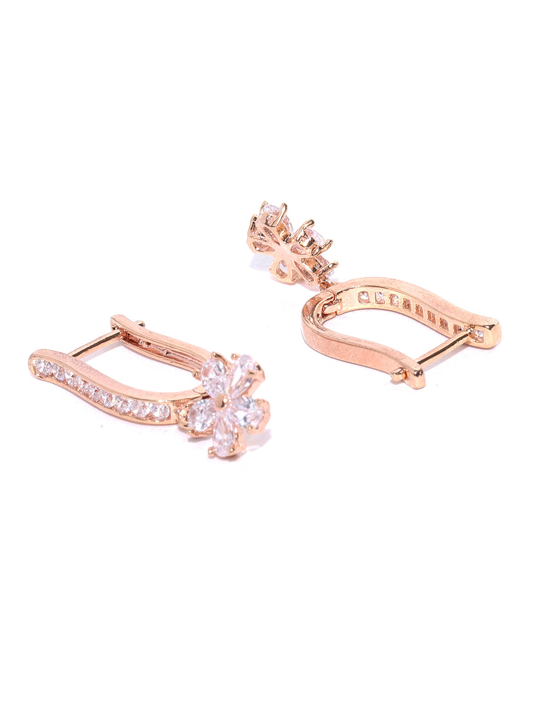Rose Gold Plated American Diamond Studded Floral Drop Earrings