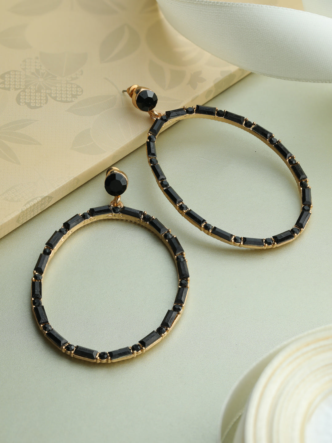 Prita Black Stone Studded Oversized Drop Earrings