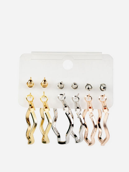 Solitaire Pearl Stud and Wave Hoop Earrings Set of 6