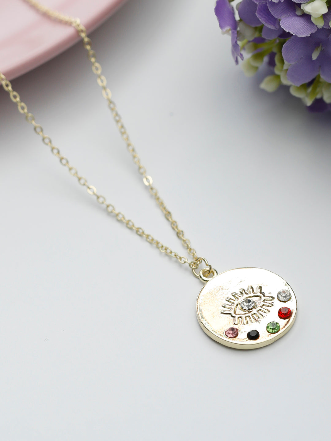 Multi Color Stones Gold Plated Evil Eye Pendant