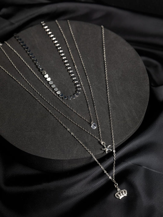 Layered Floral Heart Link Silver-Plated Necklace