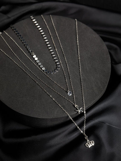 Layered Floral Heart Link Silver-Plated Necklace