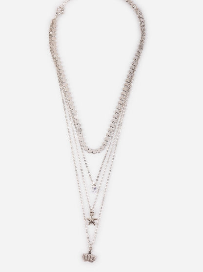 Layered Floral Heart Link Silver-Plated Necklace
