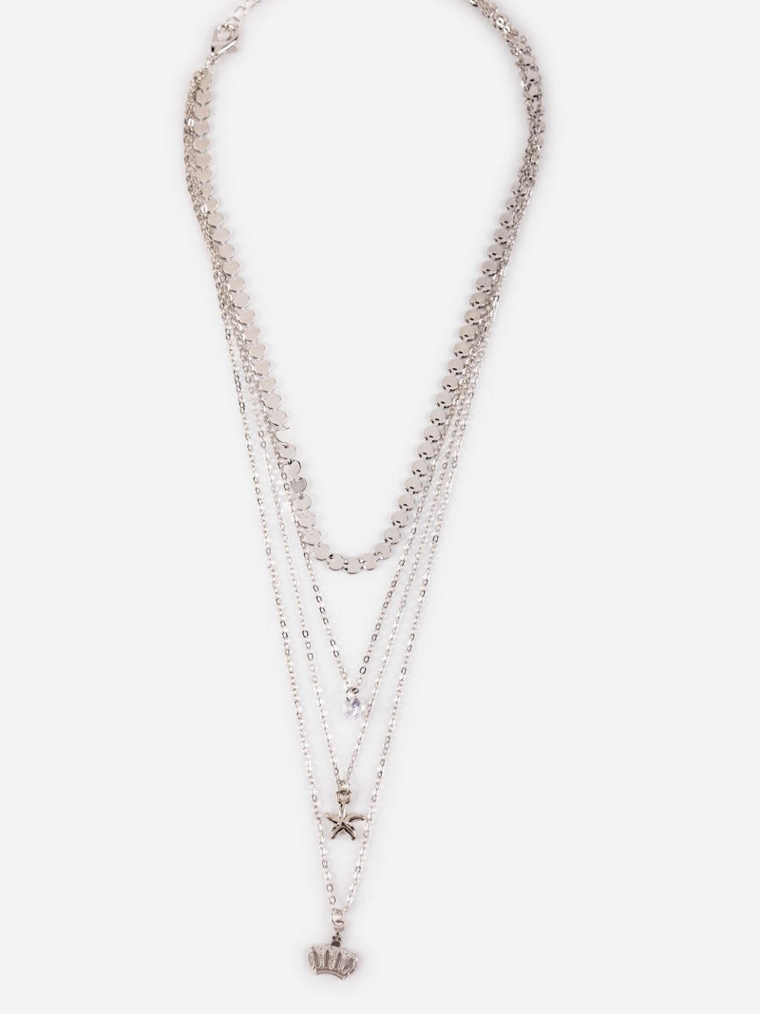 Layered Floral Heart Link Silver-Plated Necklace