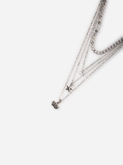Layered Floral Heart Link Silver-Plated Necklace