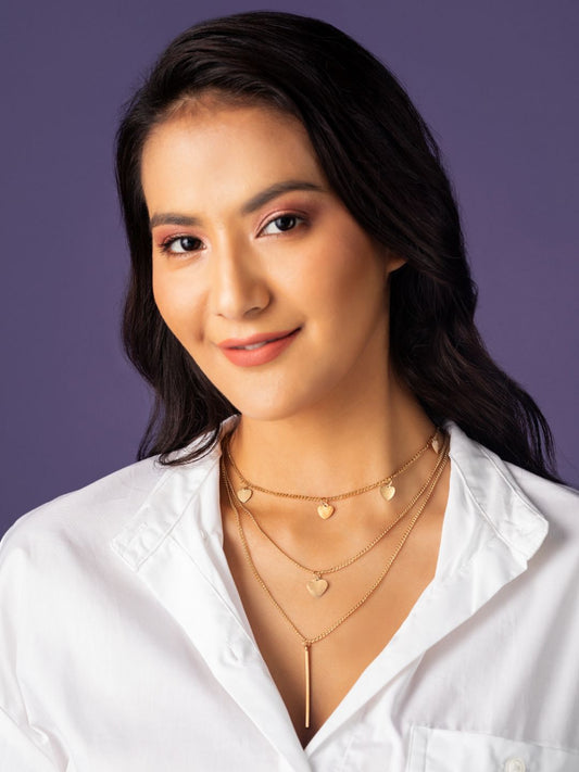 Layered Heart Bar Drop Gold-Plated Necklace