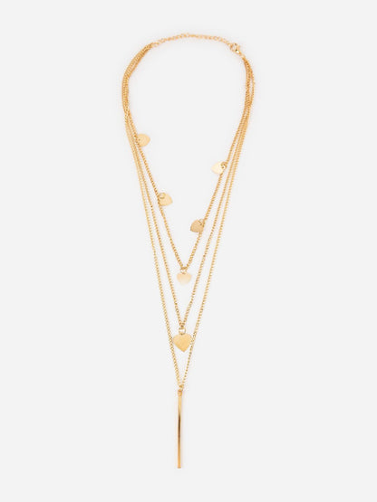 Layered Heart Bar Drop Gold-Plated Necklace