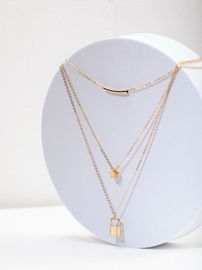 Dual-Layered Lock Link Gold-Plated Necklace