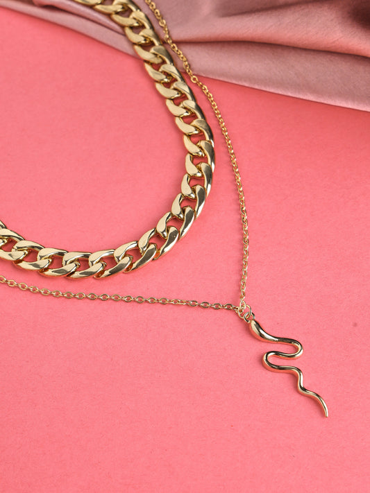 Prita by Priyaasi Dual Layered Bold Link Snake Drop Gold-Plated Necklace