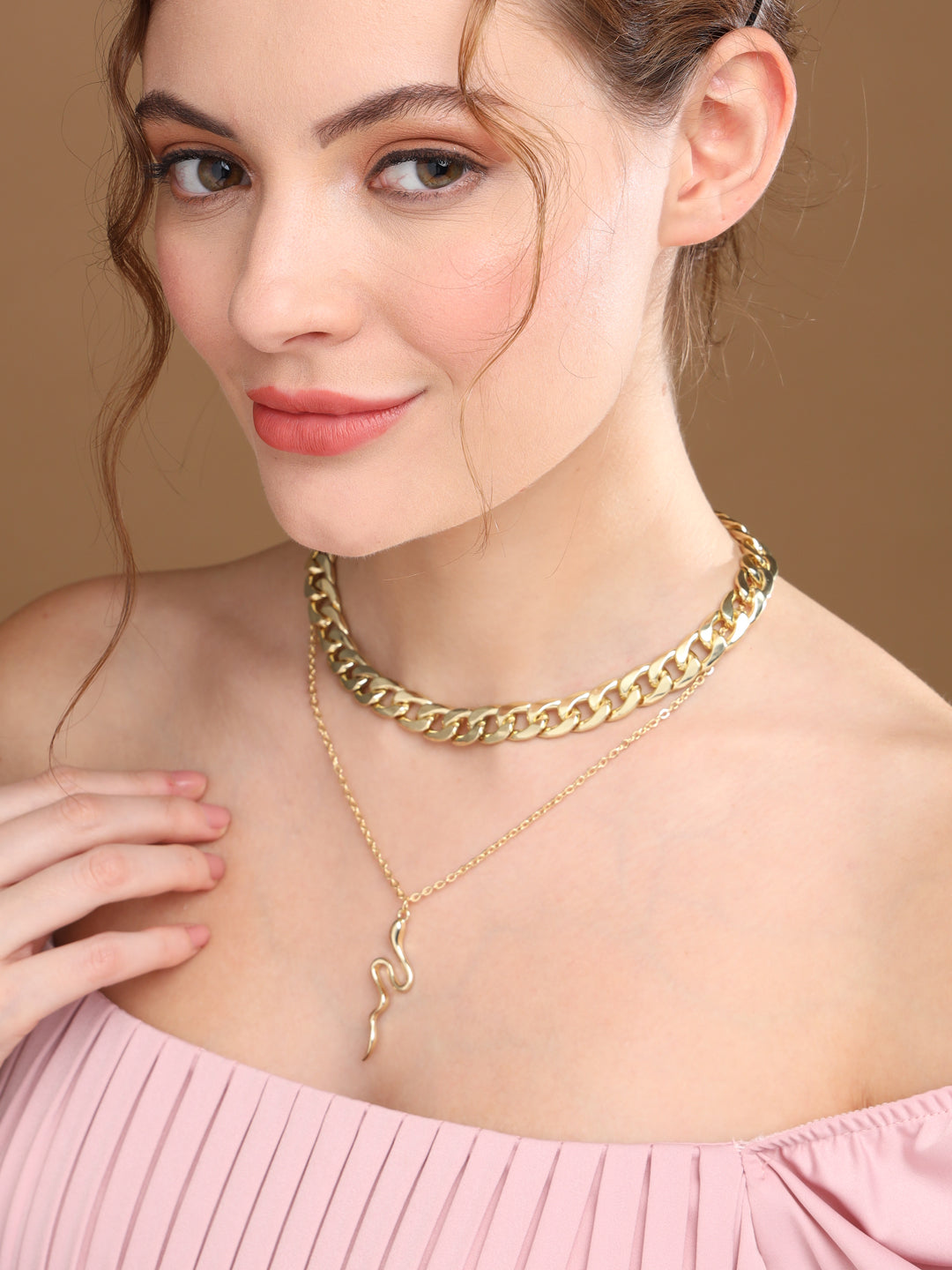 Prita by Priyaasi Dual Layered Bold Link Snake Drop Gold-Plated Necklace