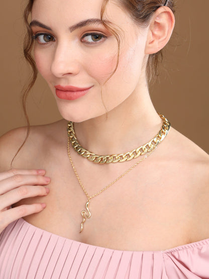 Prita by Priyaasi Dual Layered Bold Link Snake Drop Gold-Plated Necklace