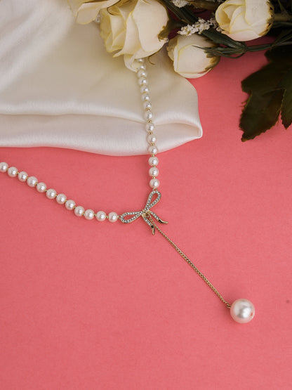 Prita by Priyaasi Studded Bow Pearl Drop Chain Gold-Plated Necklace