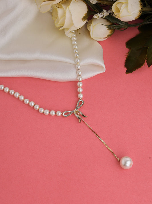 Prita by Priyaasi Studded Bow Pearl Drop Chain Gold-Plated Necklace