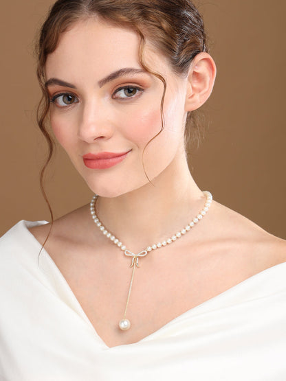 Prita by Priyaasi Studded Bow Pearl Drop Chain Gold-Plated Necklace