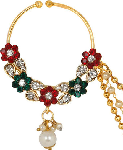 Gold Plated Stone Studded Triple Chain Multicolor Floral Nath/Nose Ring