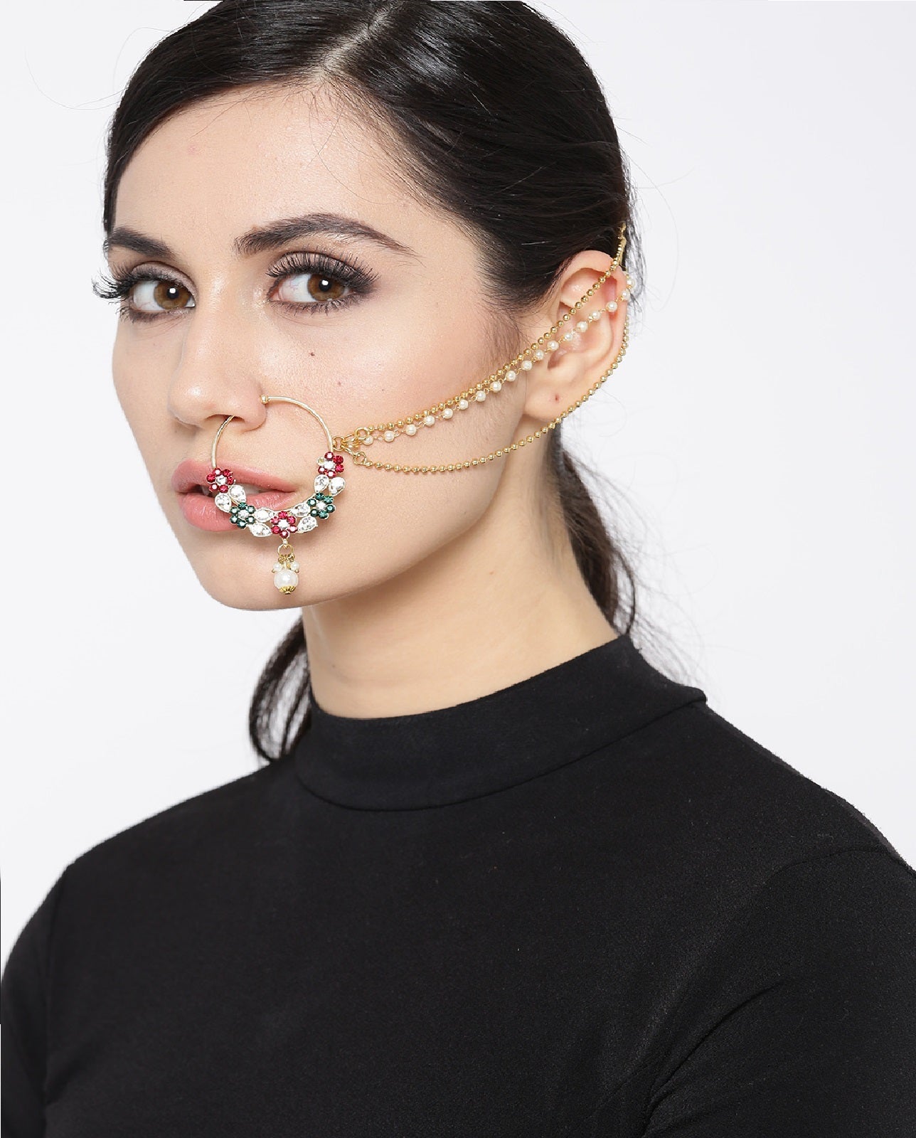 Gold Plated Stone Studded Triple Chain Multicolor Floral Nath/Nose Ring