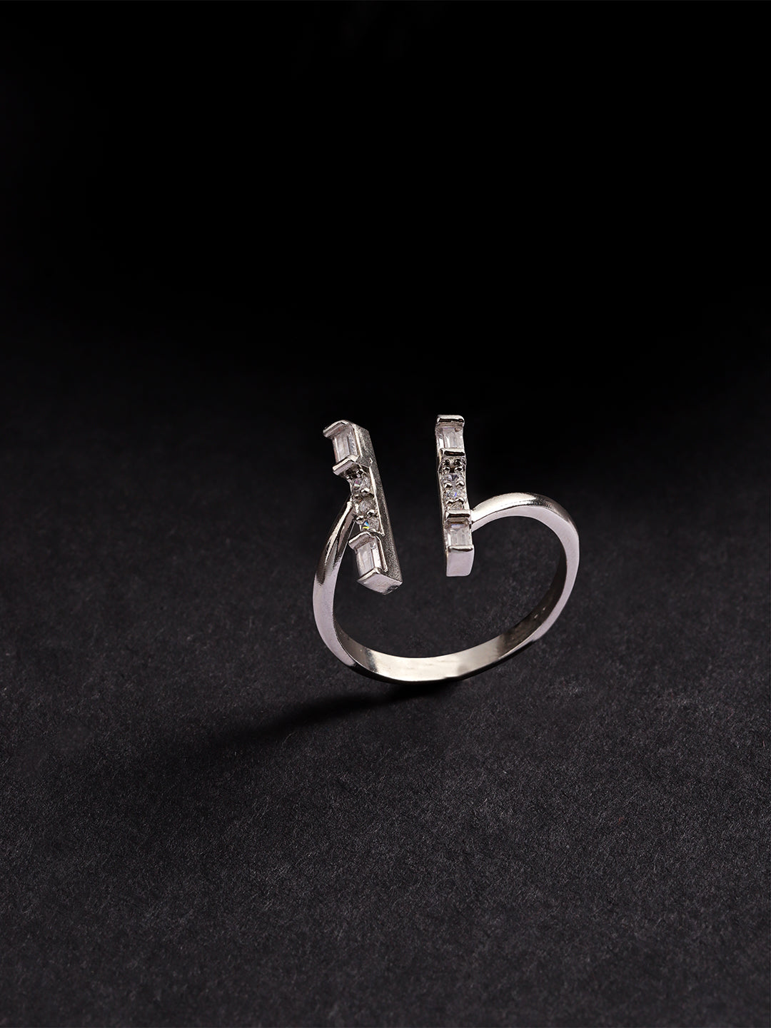 Silver Plated American Diamond Studded Linear Pattern Adjustable Ring