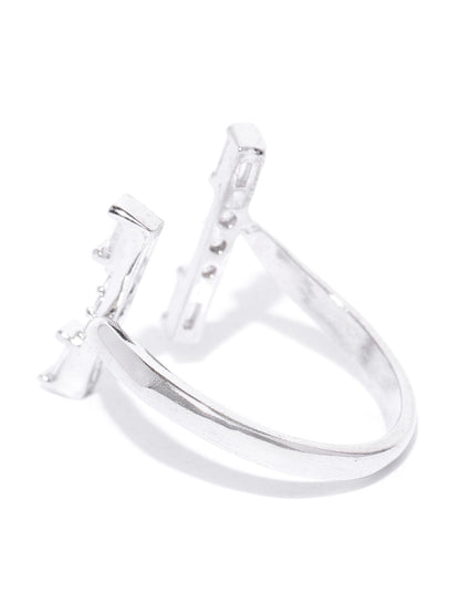 Silver Plated American Diamond Studded Linear Pattern Adjustable Ring