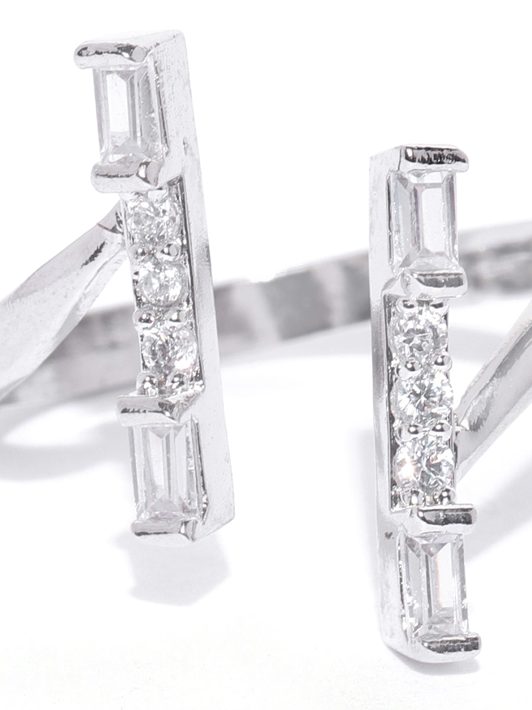 Silver Plated American Diamond Studded Linear Pattern Adjustable Ring