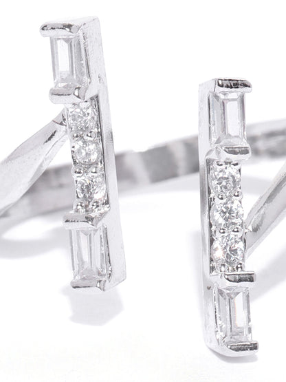 Silver Plated American Diamond Studded Linear Pattern Adjustable Ring