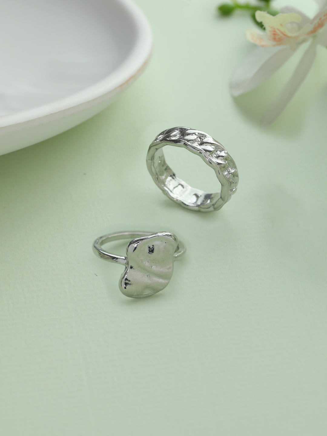 Prita Black Artificial Stone Silver Plated Ring Set of 2