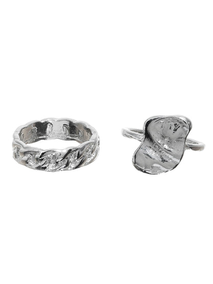 Prita Black Artificial Stone Silver Plated Ring Set of 2